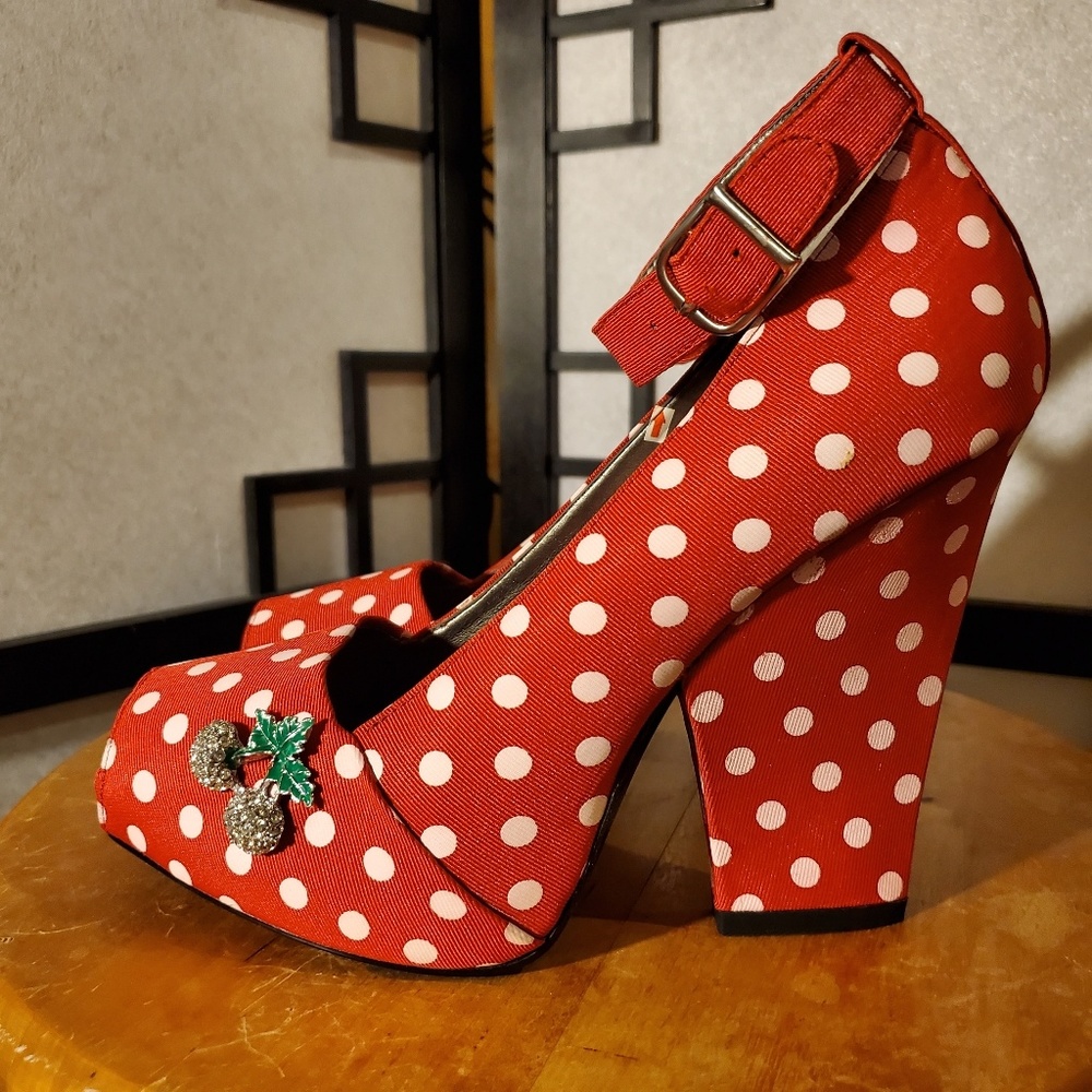 Zinc Red Polka Dot Ankle Strap Heels US 7